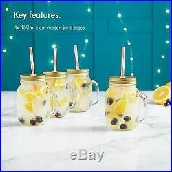 450ml VonShef 4 Set Mason Jar Drinking Glass Jam With Handle Lid Reusable Straw