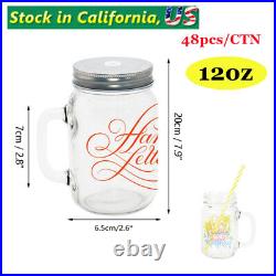 48 Packs 12oz Sublimation Clear Glass Mason Jar Cup with Handle, Lids & Straw