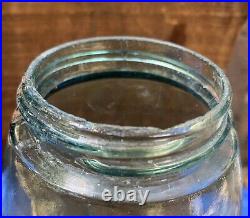 48 oz. Quart Bubble Glass Antique Ball Masons Nov, 30th 1858 blue-green & Handle