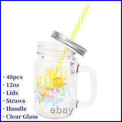 48pcs 12oz Mason Jar Cup with Handle Clear Glass Iced Coffee Cup + Lids Straws