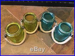 4 Glass Jars With Handle, Home Decor, 2 Blue Jars & 2 Green Jars