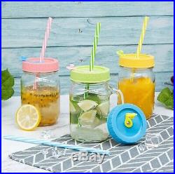 4 Glass Mason Jar Mugs 16oz With Handle 4 Plastic Lids with Straw hole Stoppers