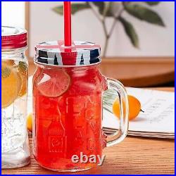 4 Pack 490ml Mason Jar with Handle Lid Straw Caddy Drinking Glass New Decorated