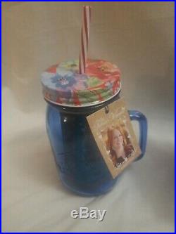 4 Pioneer Woman Drinking Glass Mason Jar withHandle Lid & Straw 32oz Sapphire Blue