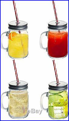 4 X Clear Glass Mason Jam Jars Drinking Summer Cocktail Jar Handle & Straw 450ml