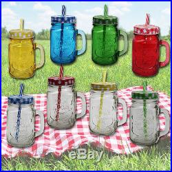 4 or 8 MASON GLASS JARS STRAW CLEAR COLOURED HANDLE COCKTAILS DRINKS JAM JAR