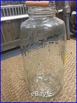 5 Gal. ATKINS Kosher Dill Pickle Mason Jar Glass Jar Wood Handle Vintage adv