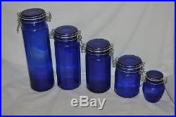 5 PIECE cobalt blue glass wire handles white seals CANISTERS STORAGE JARS EUC