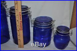 5 PIECE cobalt blue glass wire handles white seals CANISTERS STORAGE JARS EUC