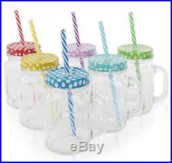 6Pcs 16oz Glass Mason Jar Set Handled Lidded Tumbler Glasses And Straws BPA Free