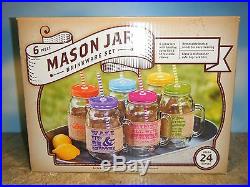 6 PIECE MASON JAR SET withBURLAP SLEEVES, HANDLES & REUSABLE STRAWS NEW