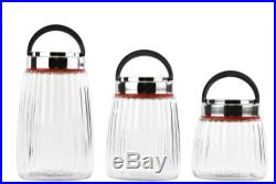 6 Pc Glass Canister Jars Cookie Jar Set with Carry Handle Lids Striped Design