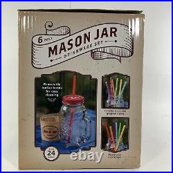 6 Piece Mason Jar Drinkware Set Removable Burlap Bands 24 oz Reusable 12 Straws