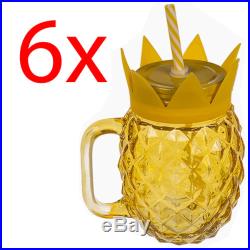 6 Pineapple Jam Jar Glasses Handle Straw Mason Juice Drink 500ml Glass Drinking