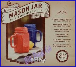 6pc Mason Jar Ceramic Stoneware Mug Set with Handles New
