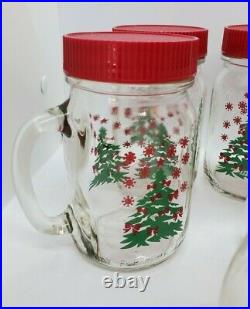 8 Glass Mason Jars withHandles Christmas Designs Pint size Plastic Lids VTG EUC