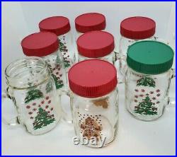 8 Glass Mason Jars withHandles Christmas Designs Pint size Plastic Lids VTG EUC