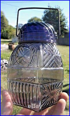 AMETHYST FANCY PATTERN CANDY JAR WithORIGINAL GLASS LID & CARRYING HANDLE 1890'S