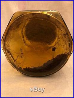 ANTIQUE AMBER GLOBE 6 SIDED GLASS TOBACCO JAR WITH HANDLED METAL LID With TOBACCO