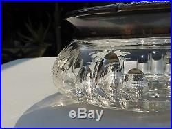 ANTIQUE Art Deco Cut & Etched Glass Jar STERLING SILVER Lid Maple handle