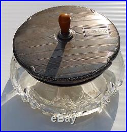 ANTIQUE Art Deco Cut & Etched Glass Jar STERLING SILVER Lid Maple handle