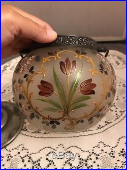 ANTIQUE BISCUIT JAR FROSTED PAINTED GLASS SILVER-PLATE LID & HANDLE 19c