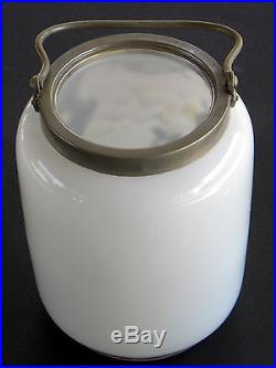 ANTIQUE BLOWN WHITE GLASS BISCUIT JAR HAND PAINTED GILT TRIM METAL LID & HANDLE