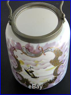 ANTIQUE BLOWN WHITE GLASS BISCUIT JAR HAND PAINTED GILT TRIM METAL LID & HANDLE