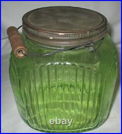 ANTIQUE COUNTRY KITCHEN HOOSIER CABINET VASELINE GLASS COOKIE STORAGE JAR w WOOD