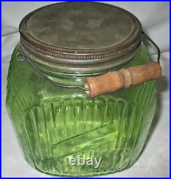 ANTIQUE COUNTRY KITCHEN HOOSIER CABINET VASELINE GLASS COOKIE STORAGE JAR w WOOD