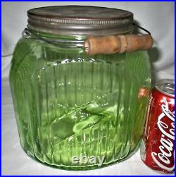 ANTIQUE COUNTRY KITCHEN HOOSIER CABINET VASELINE GLASS COOKIE STORAGE JAR w WOOD