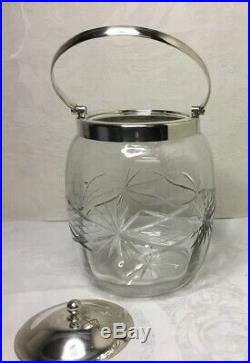 ANTIQUE CUT GLASS BISCUIT JAR Silverplate Lid, Handle & Rim