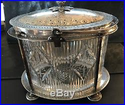 Antique English Glass Biscuit Jar In A Silver Plated Cage & Handle