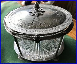 Antique English Glass Biscuit Jar In A Silver Plated Cage & Handle