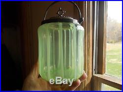 ANTIQUE GREEN OPALESCENT VASELINE ART GLASS BISCUIT JAR SILVER LID &HANDLE 1890s