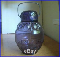 ANTIQUE MOON PATTERN AMETHYST GLASS CANDY JAR GLASS LID & HANDLE 1890s ORIGINAL