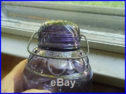 ANTIQUE MOON PATTERN AMETHYST GLASS CANDY JAR GLASS LID & HANDLE 1890s ORIGINAL