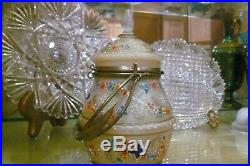 ANTIQUE MOSER HAND PAINTED & ENAMELED GLASS HINGED With HANDLE JAR LATE 1800'S