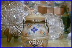 ANTIQUE MOSER HAND PAINTED & ENAMELED GLASS HINGED With HANDLE JAR LATE 1800'S