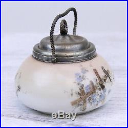 ANTIQUE PAINTED MILK GLASS JAR SILVER PLATE LID With HANDLE BIRDS BEAUTIFUL DECOR