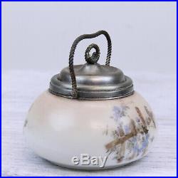 ANTIQUE PAINTED MILK GLASS JAR SILVER PLATE LID With HANDLE BIRDS BEAUTIFUL DECOR