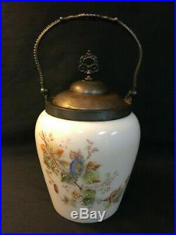 ANTIQUE VICTORIAN ART GLASS WAVECREST CF Monroe BISCUIT JAR with HANDLE