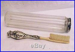 ANTIQUE VICTORIAN Bone Toothbrush with Sterling Silver Handle & Glass Jar SS Lid