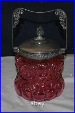 ANTIQUE VICTORIAN CRANBERRY GLASS COVERED BISQUIT JAR With SWIVAL HANDLE