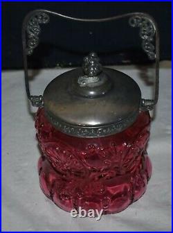 ANTIQUE VICTORIAN CRANBERRY GLASS COVERED BISQUIT JAR With SWIVAL HANDLE