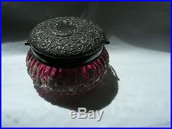 Antique Victorian Cranberry Glass Powder Jar With Braded Handle And Silver LID