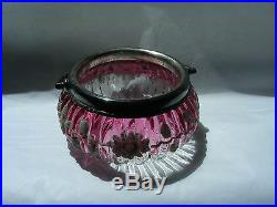Antique Victorian Cranberry Glass Powder Jar With Braded Handle And Silver LID
