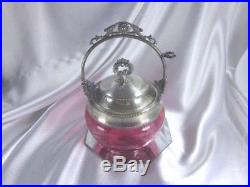ANTIQUE VICTORIAN CRANBERRY MARMALADE GLASS JAR With SILVERPLATE LID & HANDLE