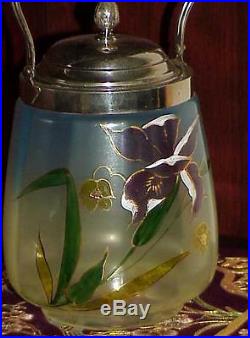 ART GLASS BISCUIT JAR VICTORIAN ENAMELED Iris Hand Painted Handled Antique