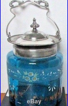 Aesthetic Victoian Silverplate Hand Painted Blue Glass Handled, Cover Jar